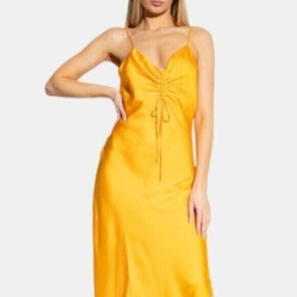NWT Zara Tangerine Satin Effect Ruched Detail Slip Midi Dress - Picture 2 of 11